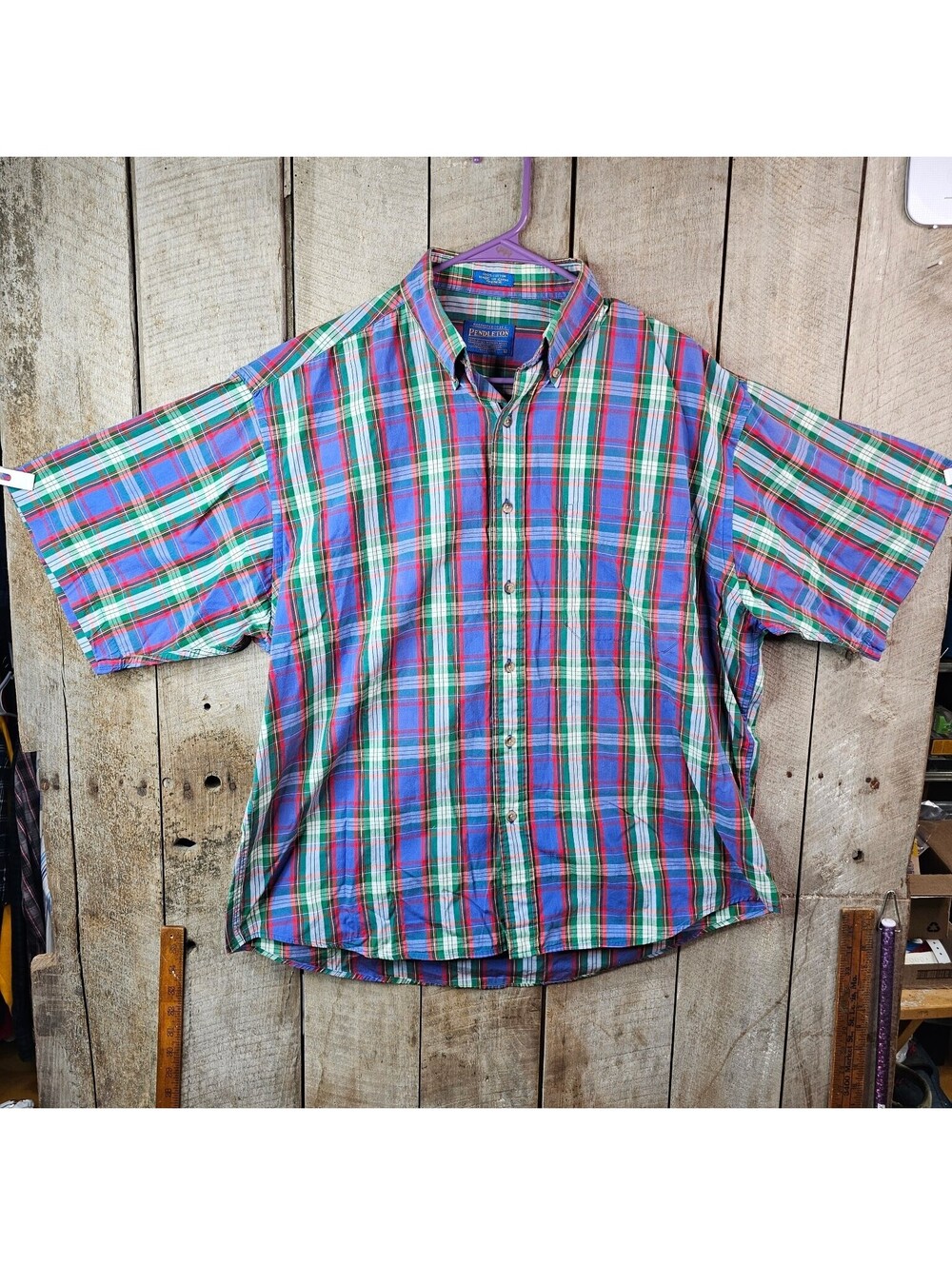 Pendleton Men's L Large Blue Green Red Plaid 100% Cotton Short Sleeve Button